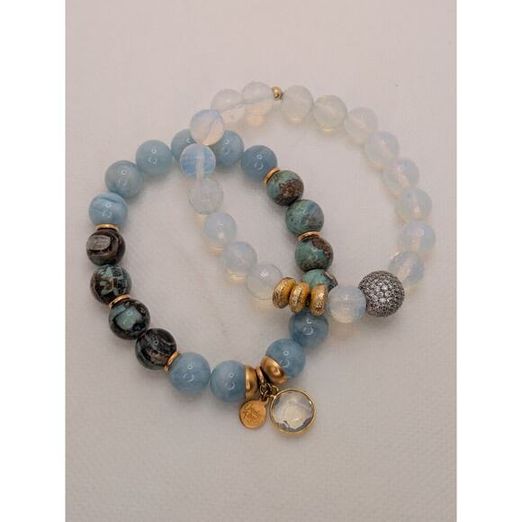 2 CATHERINE PAGE ROUND & FACETED STONE STRETCH BRACELETS WITH GOLD TONE STATIONS - Picture 2 of 5